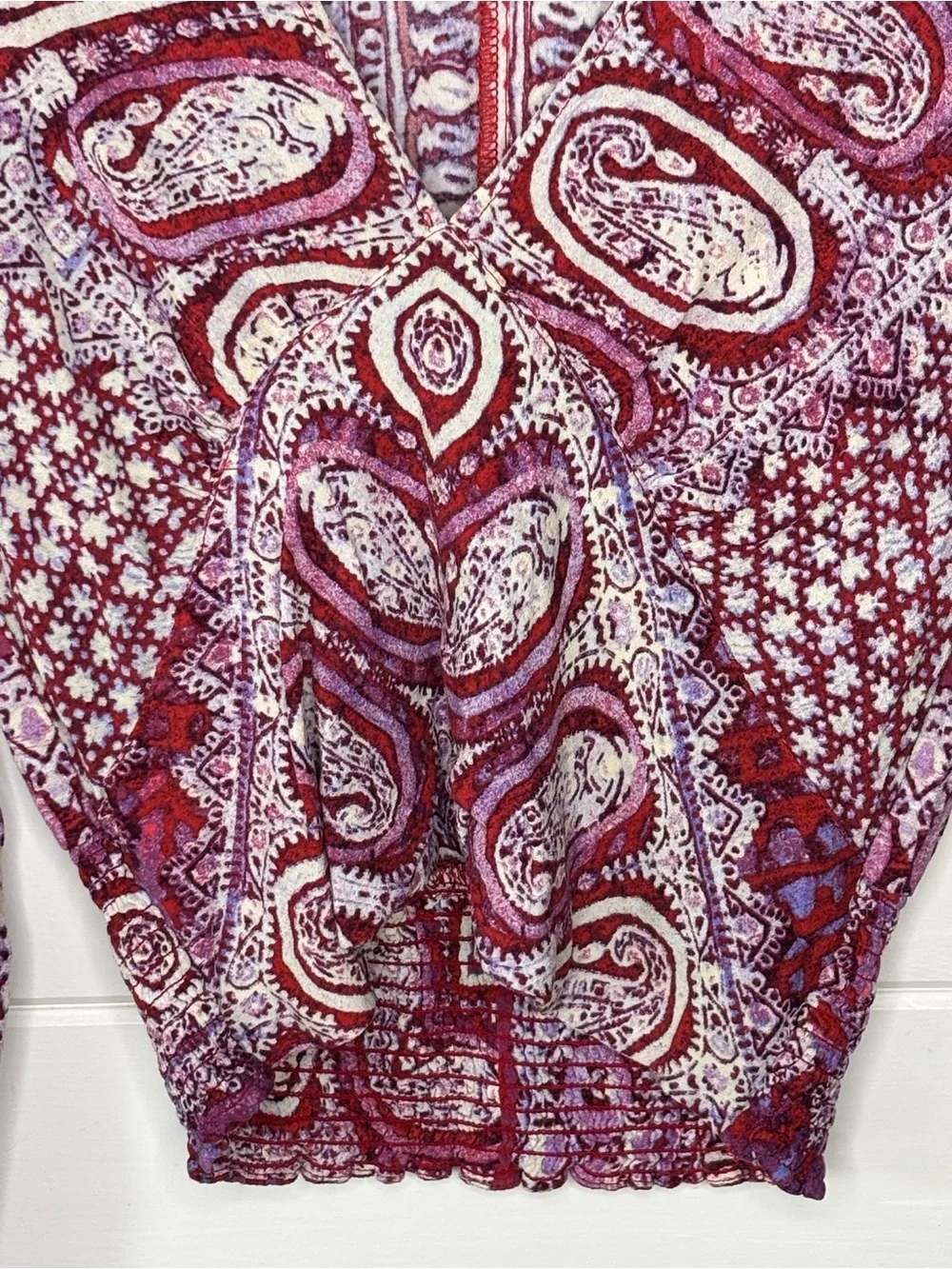 Free People Paisley Boho Deep V Smocked Top S/M Long Sleeve
